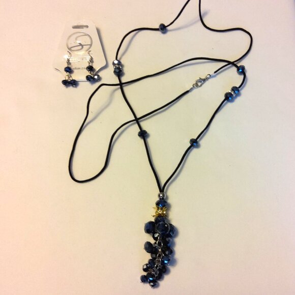 NEW Shelley Long Black Leather Necklace Black Beads Dangle Pendant with Earrings - Picture 2 of 8